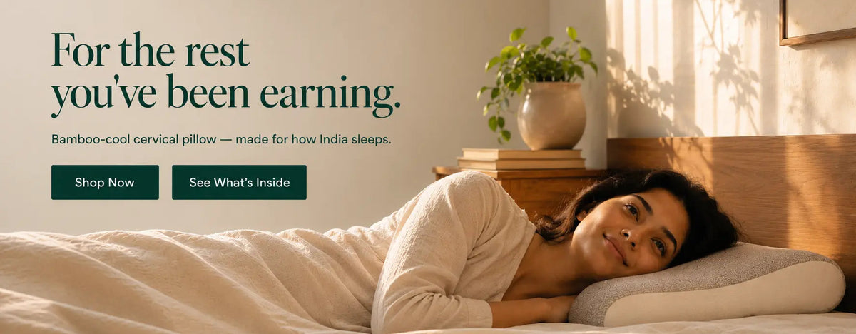 A woman rests on a bamboo-cool cervical pillow in a softly lit bedroom. Text on the left reads, 'For the rest you've been earning.